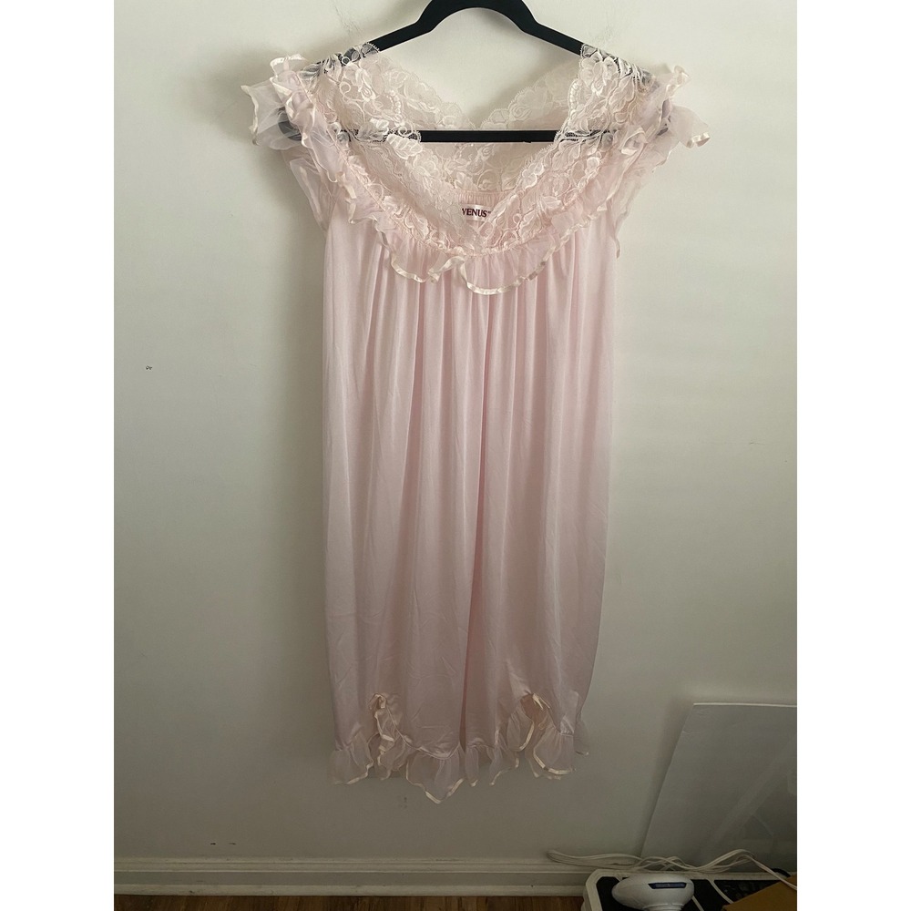 Venus Vintage Style Pink Lace Ruffle Nightgown Cap Sleeve Bow‎ Detail Size M